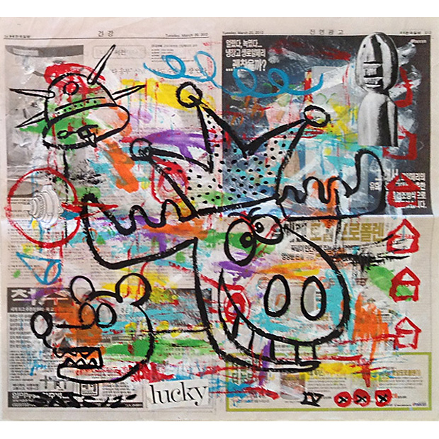 Untitled (acrylic & collage on Korean newsprint) by Gary John